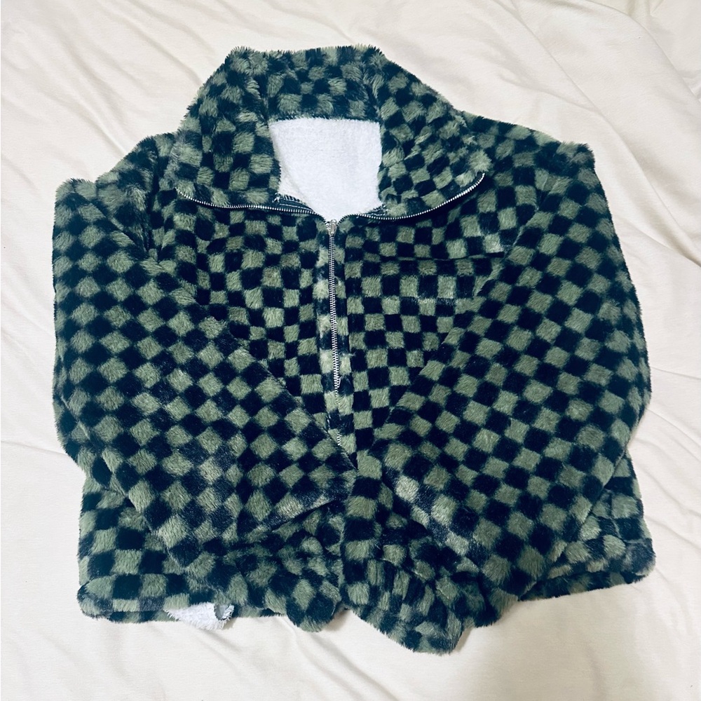 Fuzzy checkered zip up Jacket